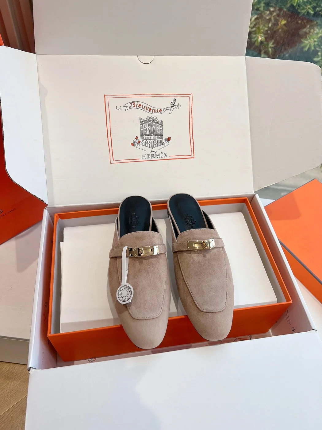 Hermès Women Beige Suede Mules — Metal-Bar Loafer Style product view 3