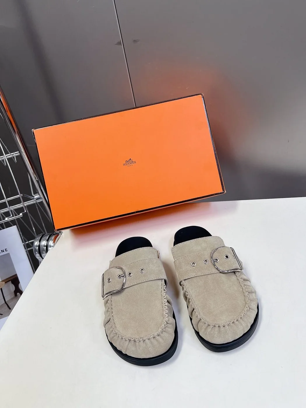 Hermès Women Suede Buckle Mules — Taupe product view 1