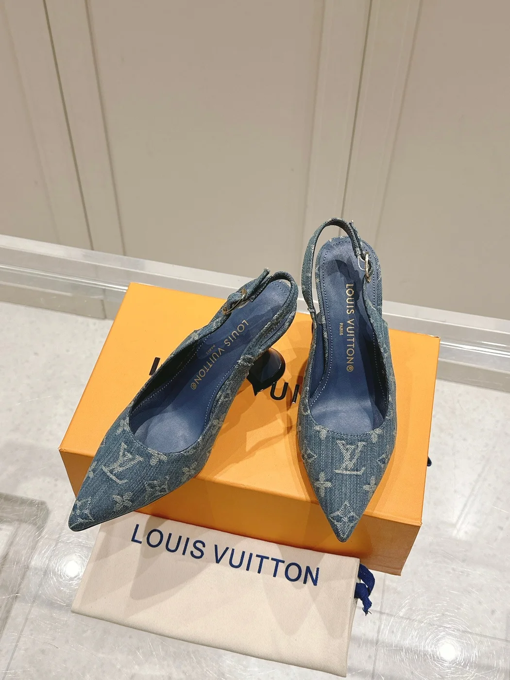Louis Vuitton Women Blue Denim Leather Trim Slingback Heels product view 4