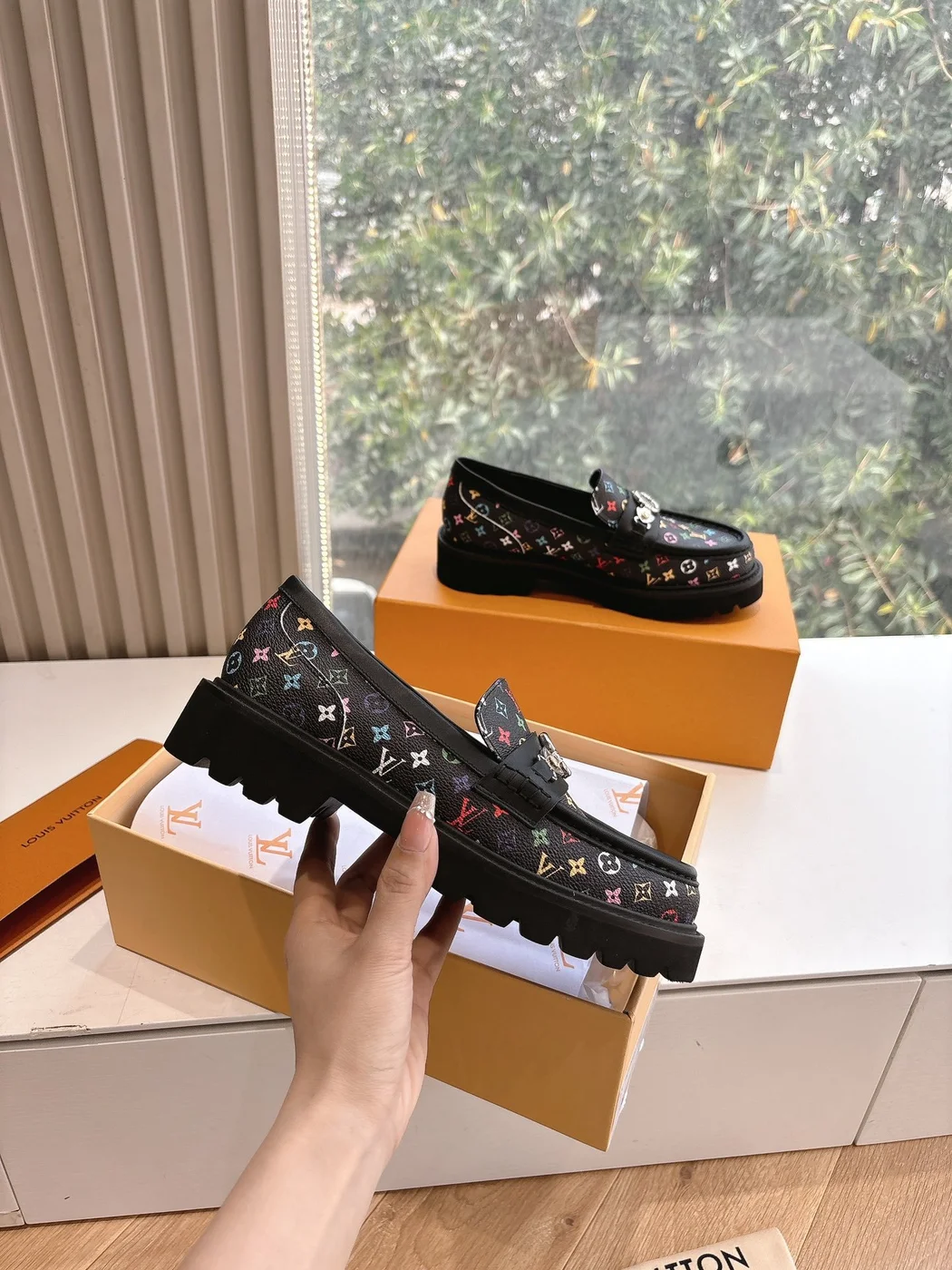 Louis Vuitton Women Black Patterned Leather Loafers product view 4