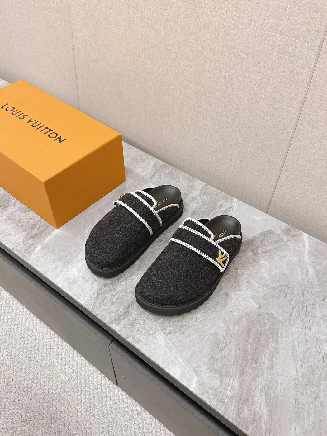 Louis Vuitton Women Black Felt Leather Trim Mules product view 1