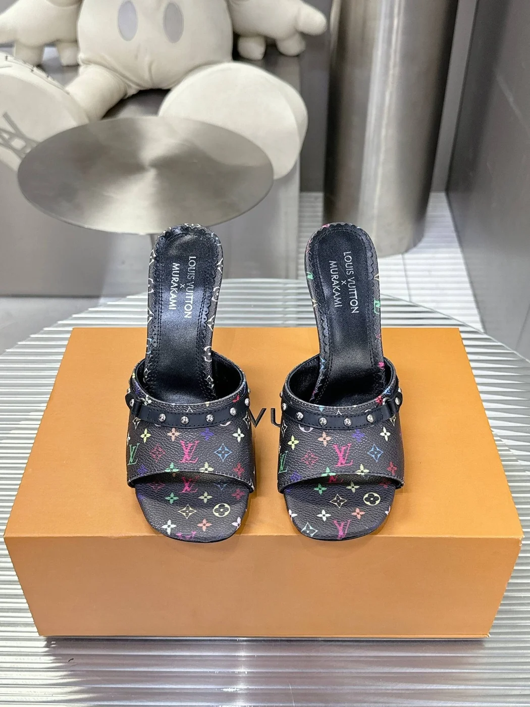 Louis Vuitton Women Black Leather Multicolor Logo Mules product view 1