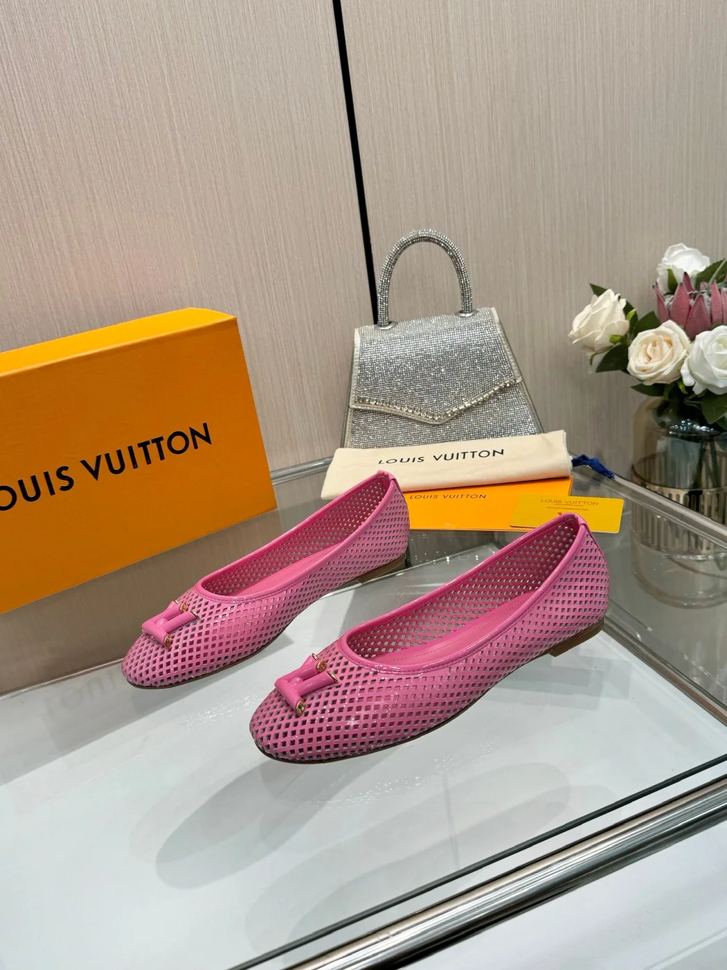 Louis Vuitton Women Pink Mesh Leather Ballet Flats product view 3