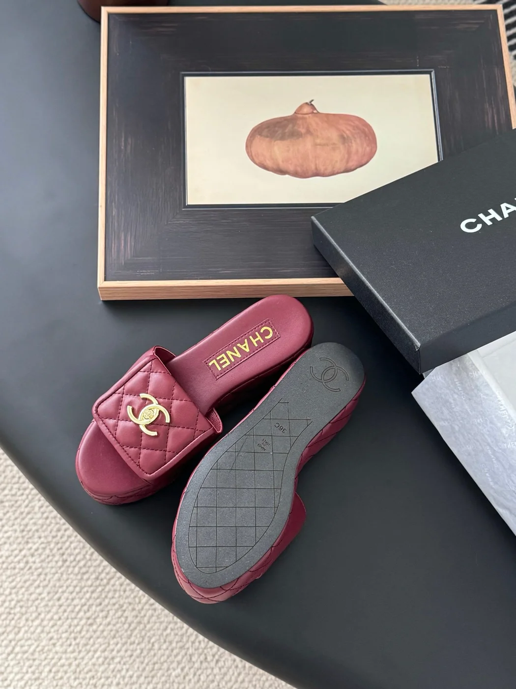 Chanel Women Burgundy Quilted Leather Slides — Gold-Tone CC Detail product view 5