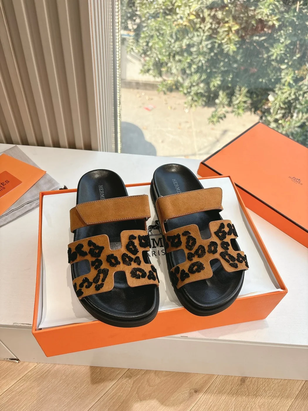 Hermès Women Tan Suede Leopard Print Slippers product view 3
