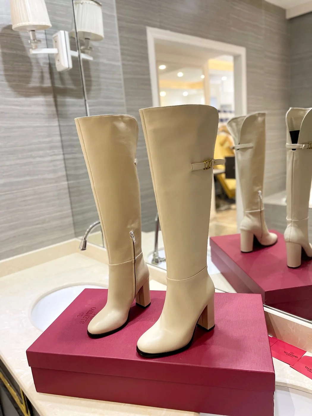 Valentino Women Beige Leather Knee High Boots product view 4