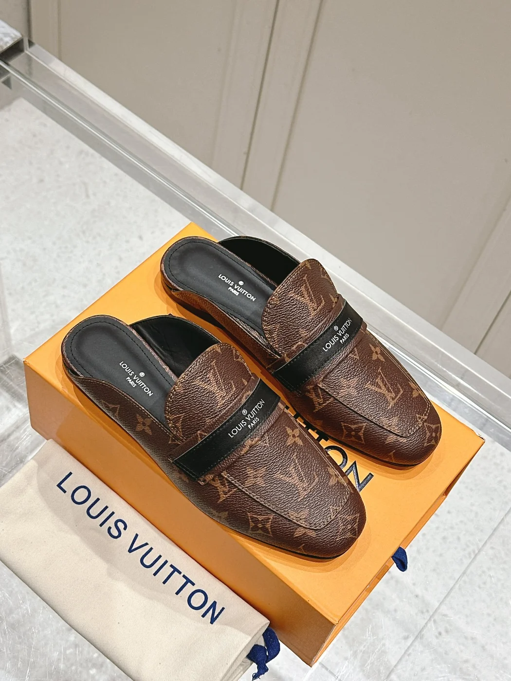 Louis Vuitton Women Brown Leather Monogram Mules — Black Strap Detail product view 3