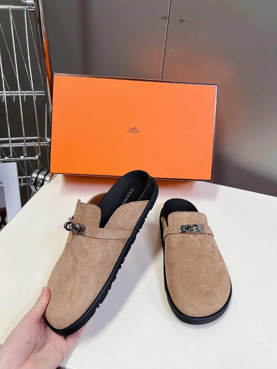 Hermès Women Beige Suede Leather Slippers product view 3