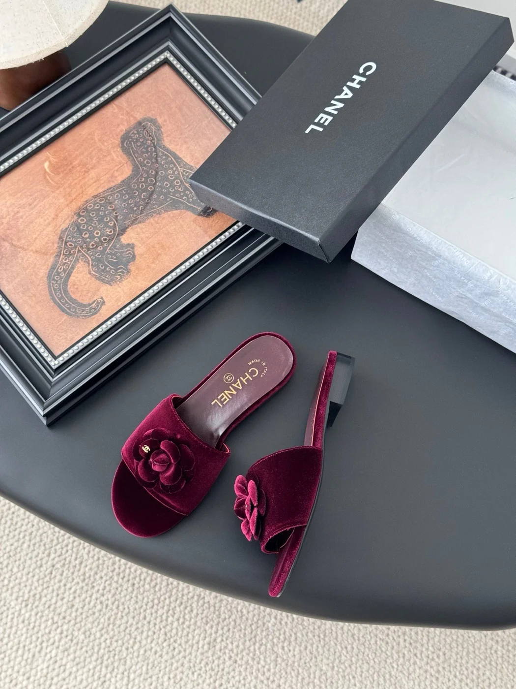 Chanel Women Burgundy Velvet Camellia Slides product view 3