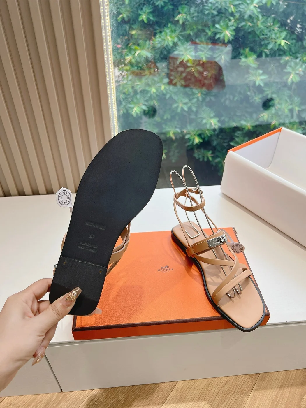 Hermès Women Beige Leather Strappy Sandals — Link-Detail T-Strap product view 2