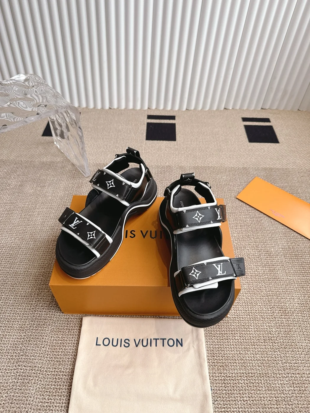 Louis Vuitton Women Black Synthetic Monogram Strap Sandals product view 3