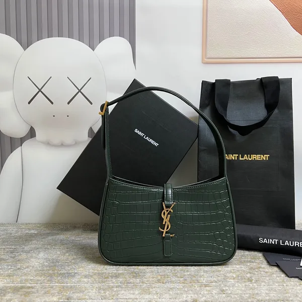 Saint Laurent Le 5 À 7 Green Crocodile-effect Leather Shoulder Bag In Dark Green product photo