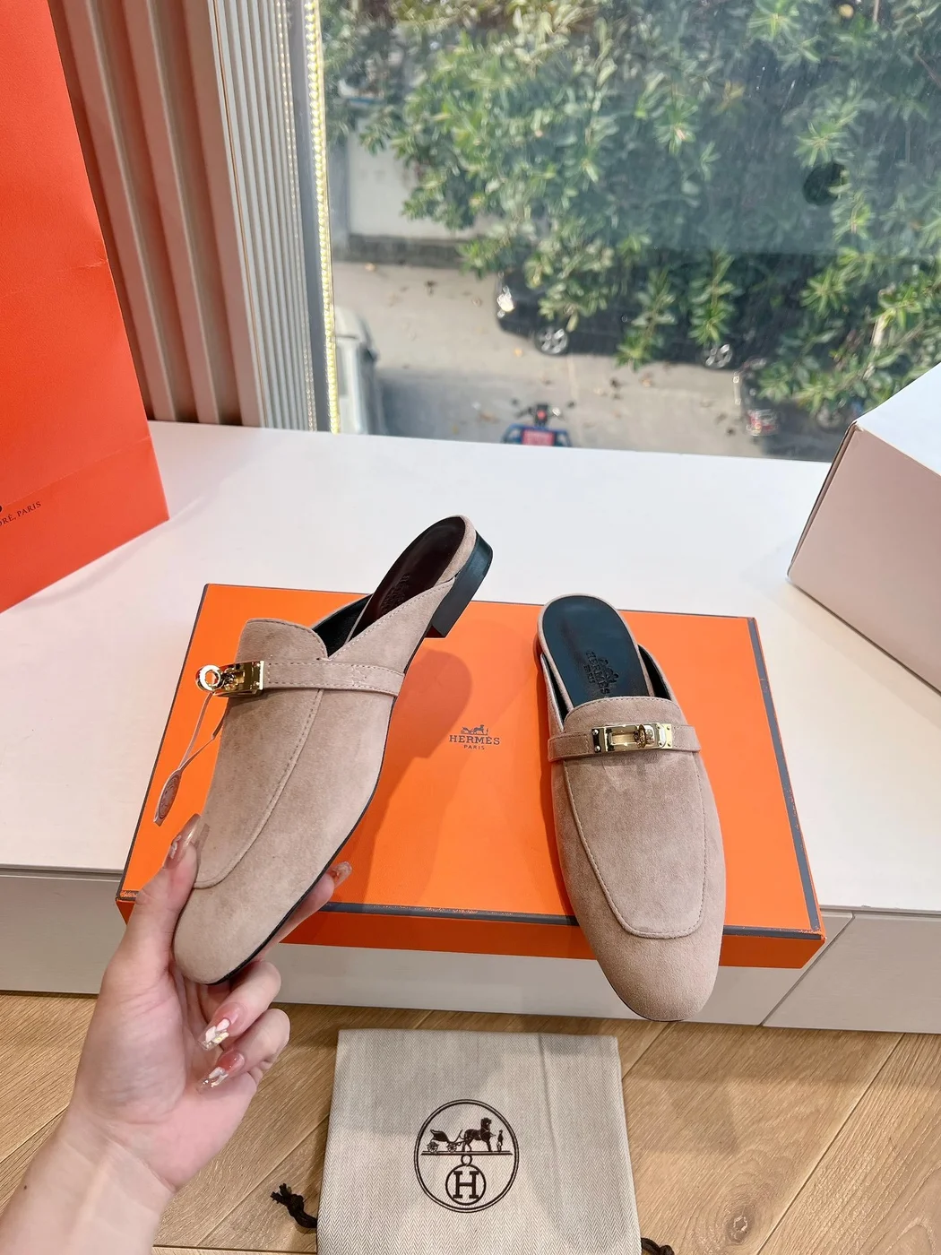 Hermès Women Beige Suede Mules — Metal-Bar Loafer Style product view 6