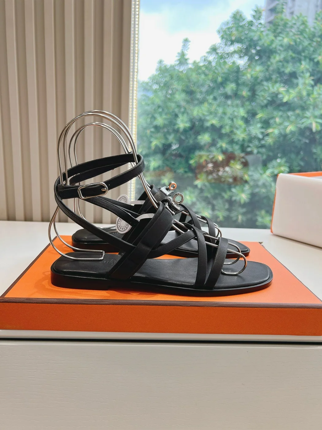 Hermès Women Black Leather Strappy Sandals — Link-Detail T-Strap product view 2