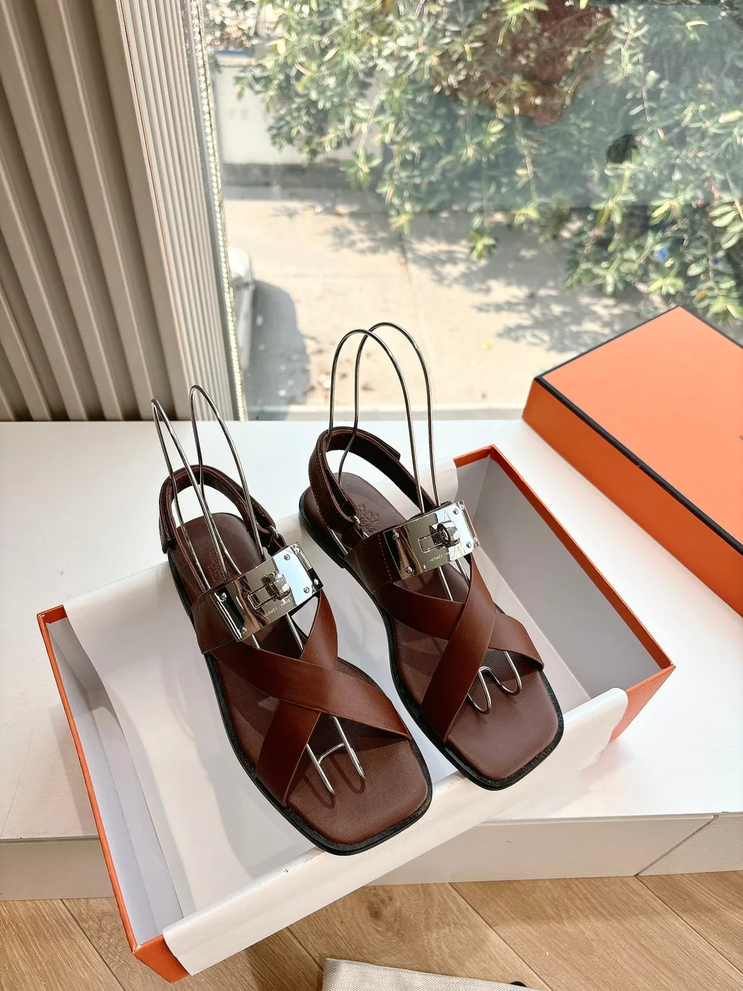 Hermès Women Brown Sandals — Buckle-Detail T-Strap product view 3