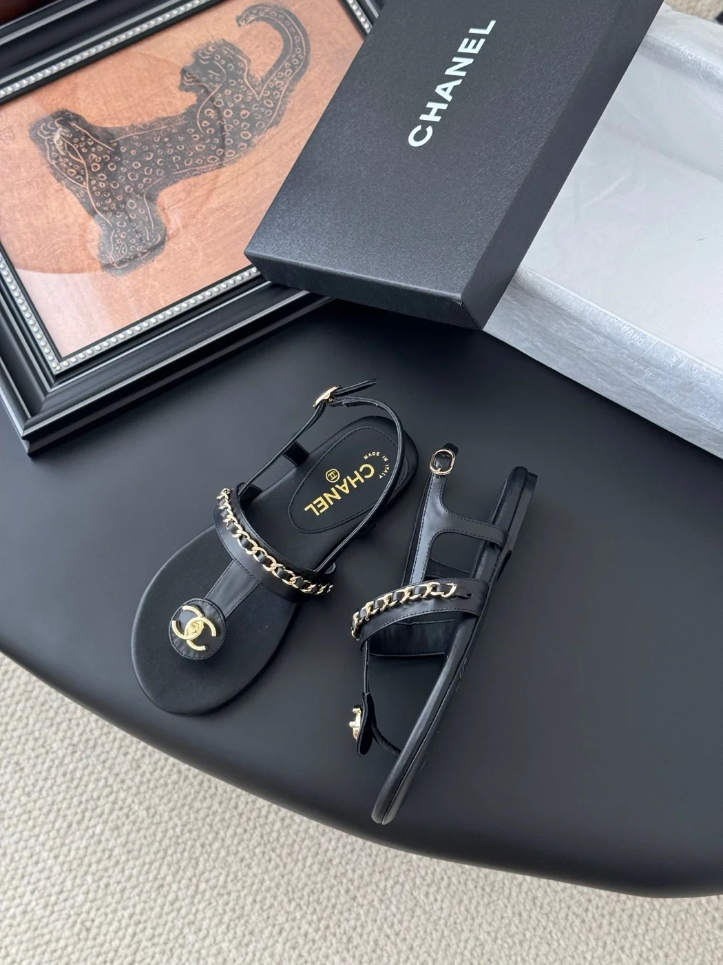 Chanel Women Black Leather Chain Detail Flat Sandals product view 3