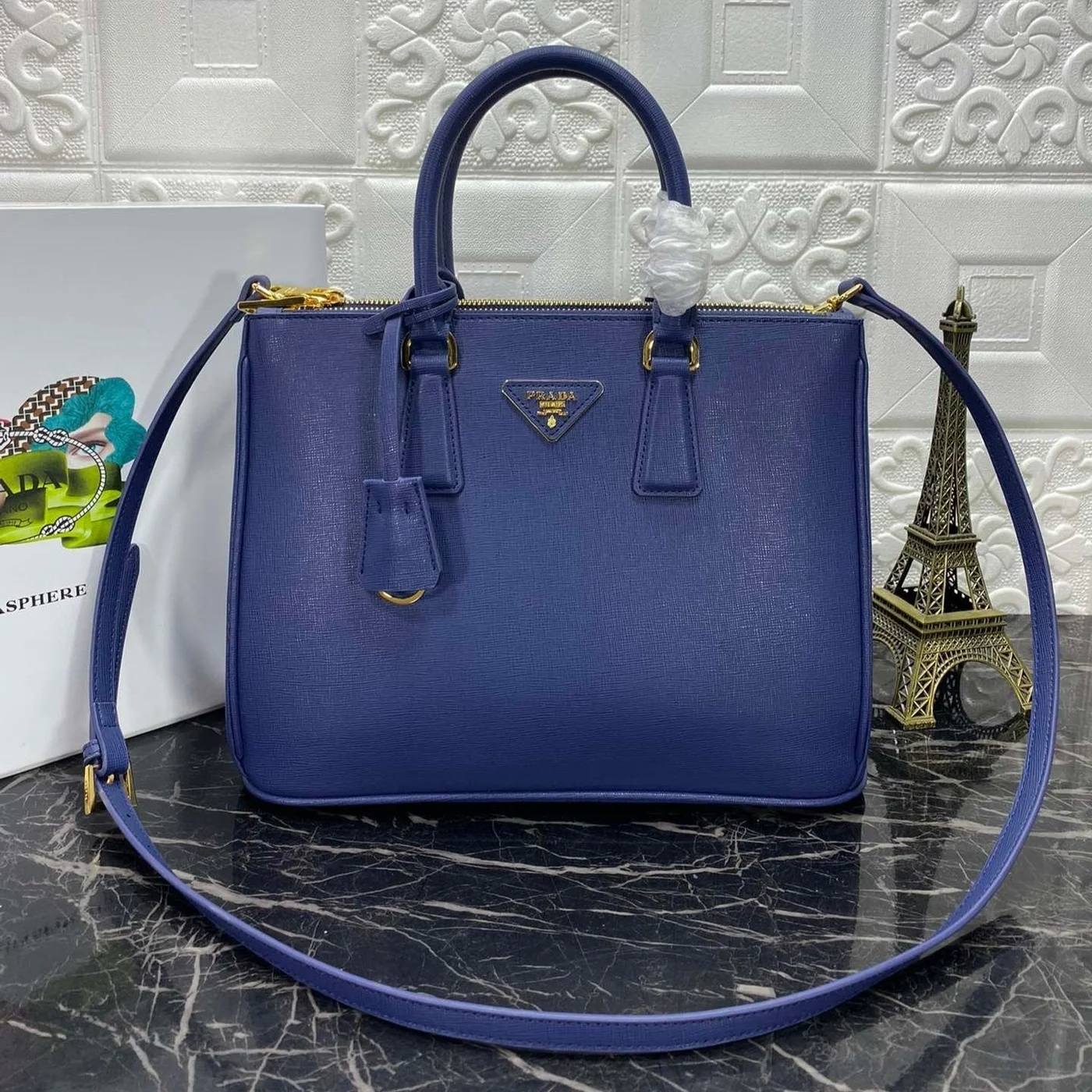 Prada Pra Galleria 32 Bag In Navy Blue Saffiano Leather product view 1