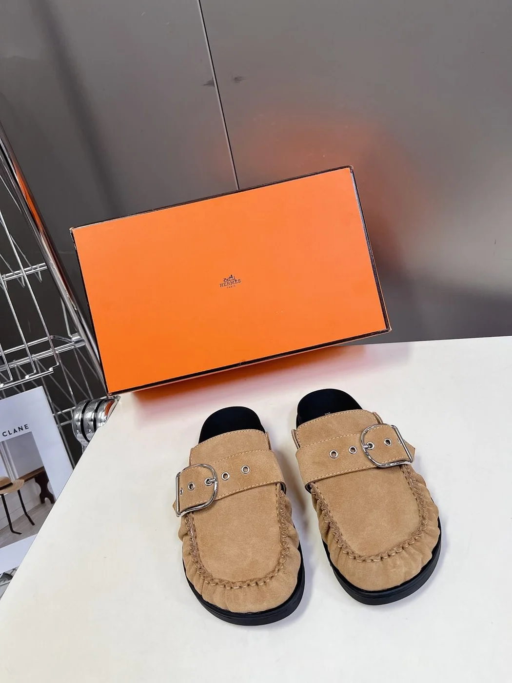 Hermès Women Suede Buckle Mules — Tan Brown product view 1