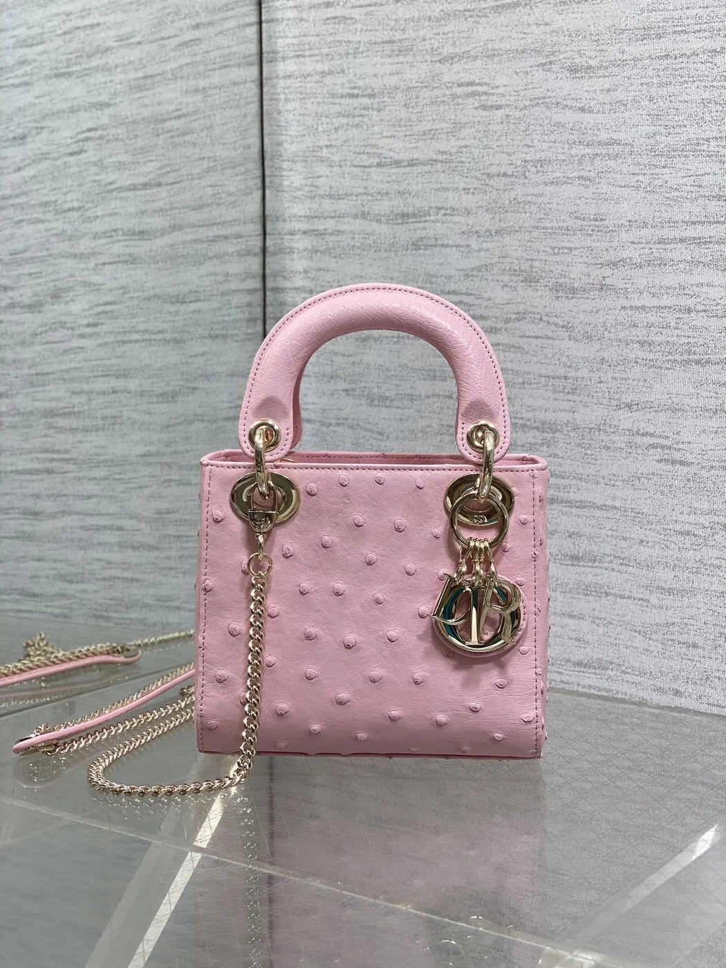 Dior Mini Lady Dior bag in Pink ostrich leather product view 1