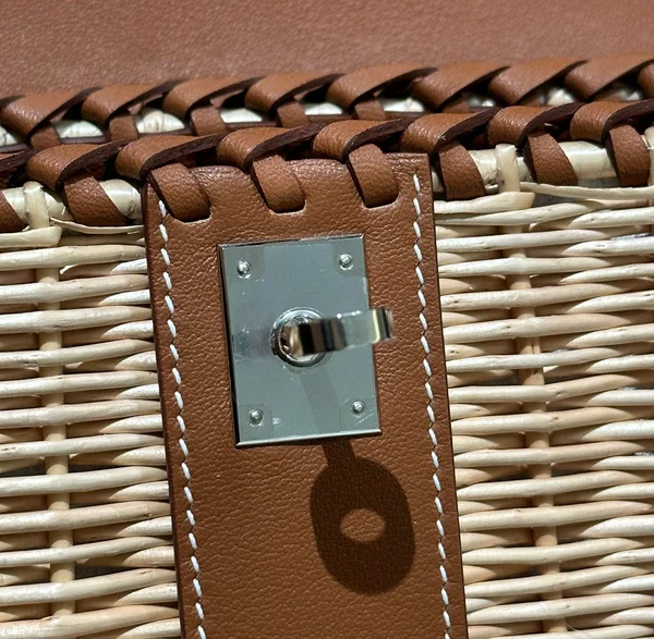 Hermès Kelly Picnic Handbag In Brown & Natural Leather And Wicker Silver Hardware product view 3