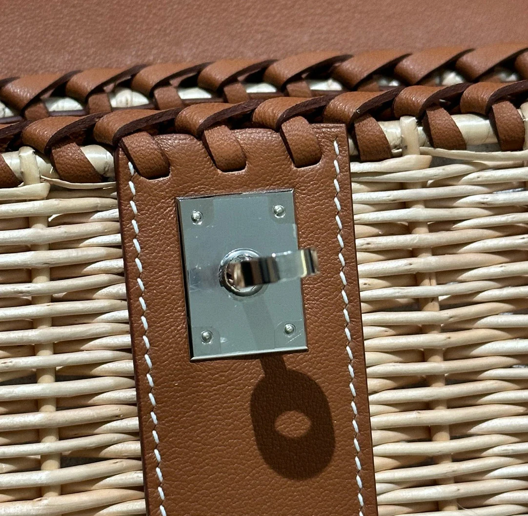 Hermès Kelly Picnic Handbag In Brown & Natural Leather And Wicker Silver Hardware product view 3