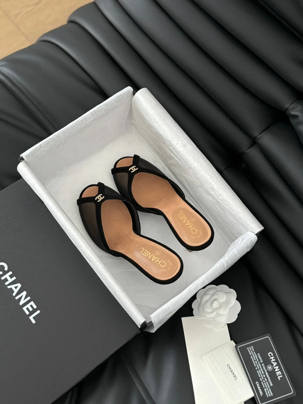 Chanel Women Black Mesh Logo Slide Sandals product view 1