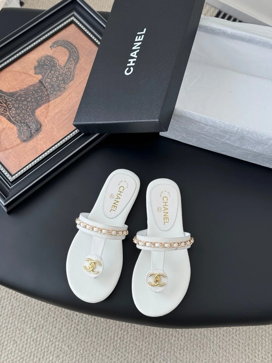 Chanel Women White Leather Slides With Chain Detail product view 1