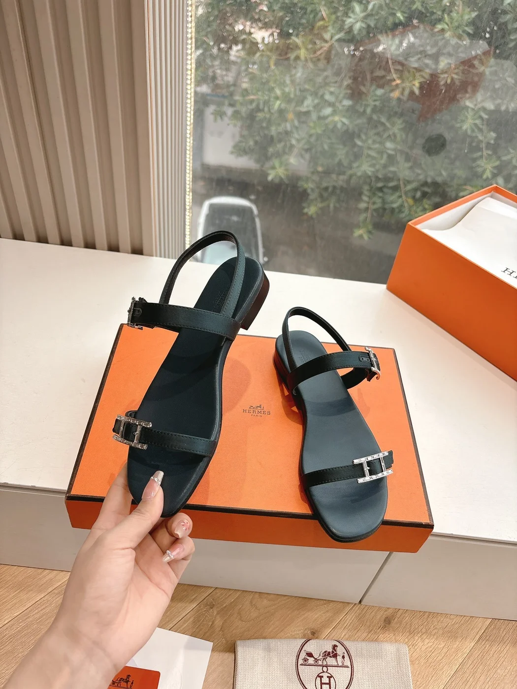Hermès Women Black Leather Sandals — Two-Strap Metal-Bar Detail product view 5