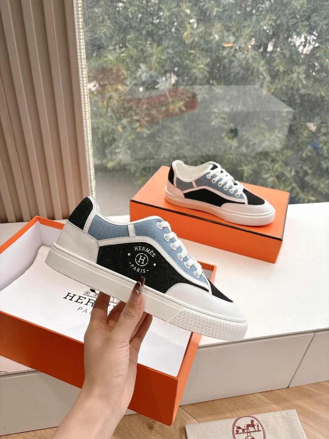Hermès Women Black Blue Canvas And Leather Sneakers product view 4