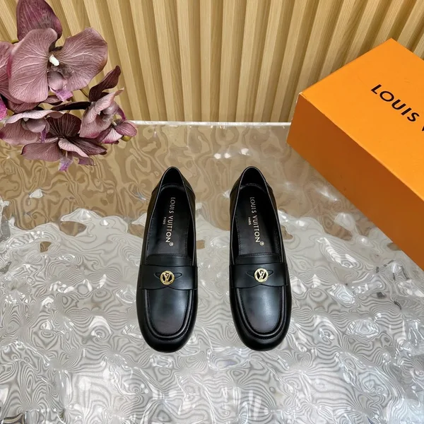 Louis Vuitton Women Black Leather Loafers — Metal Logo Detail product photo