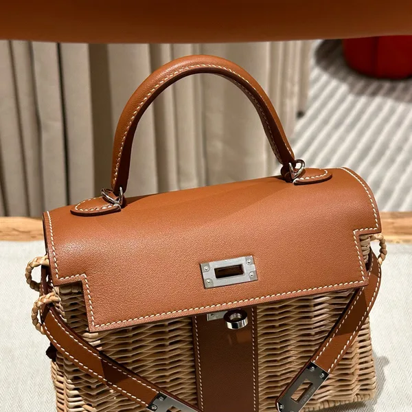 Hermès Kelly Picnic Handbag In Brown & Natural Leather And Wicker Silver Hardware product view 5