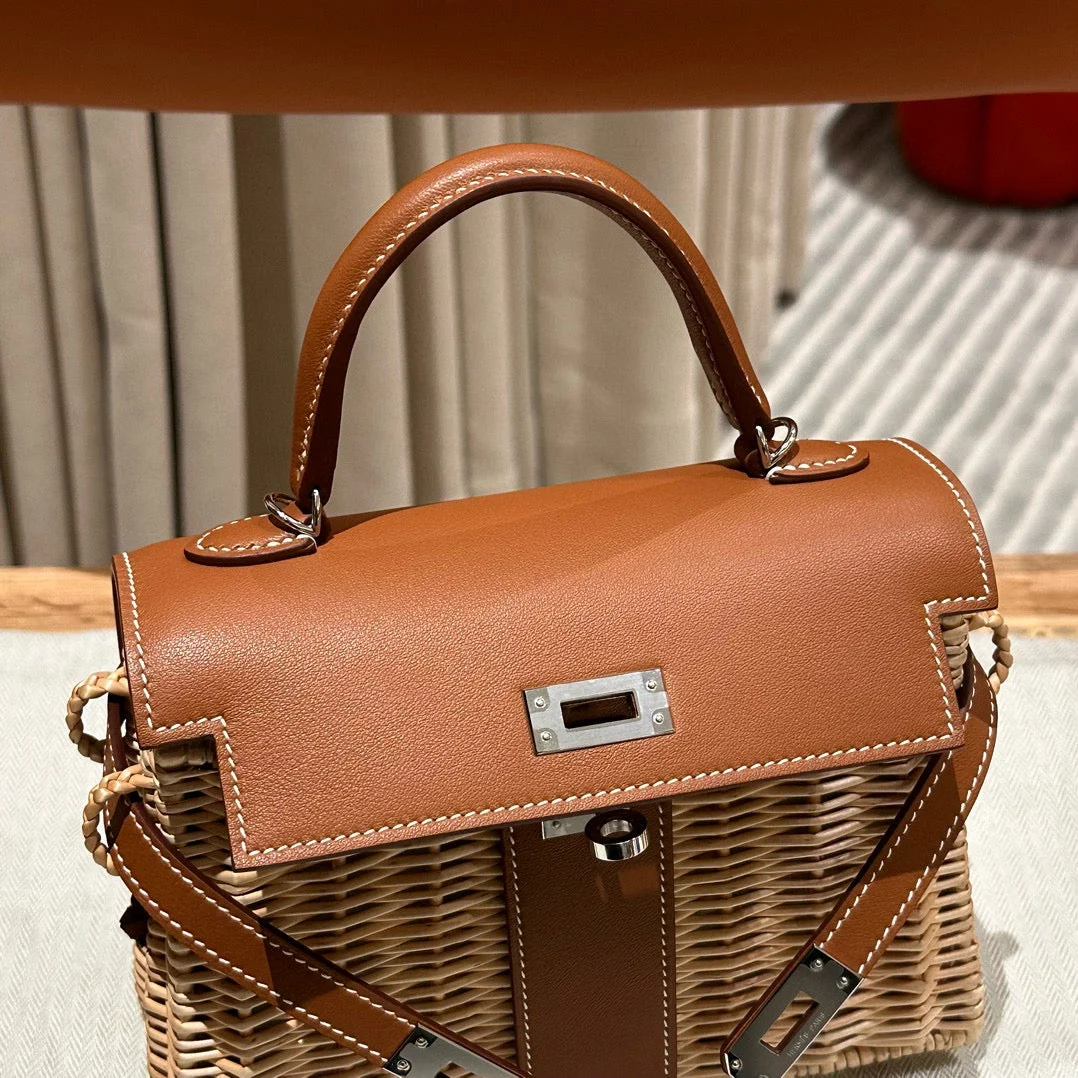 Hermès Kelly Picnic Handbag In Brown & Natural Leather And Wicker Silver Hardware product view 5