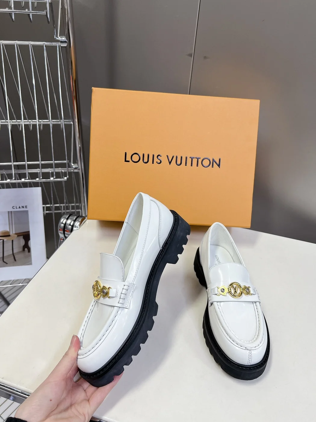 Louis Vuitton Women White Leather Loafers — Gold-Tone Chain Detail with Lug Sole product view 5
