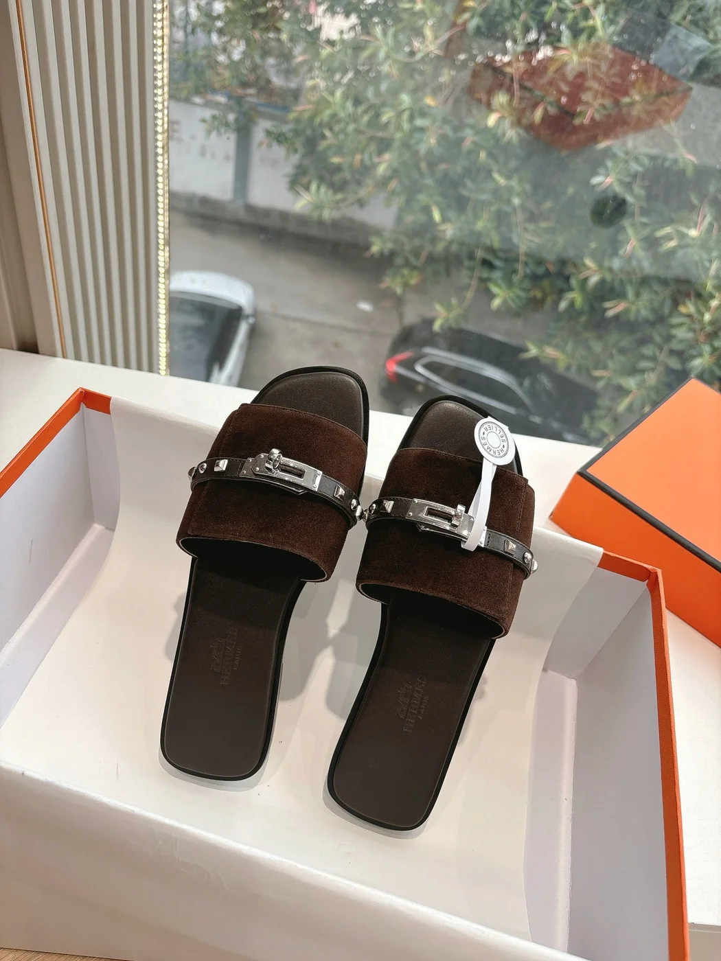 Hermès Women Dark Brown Suede Leather Strap Mules product view 5