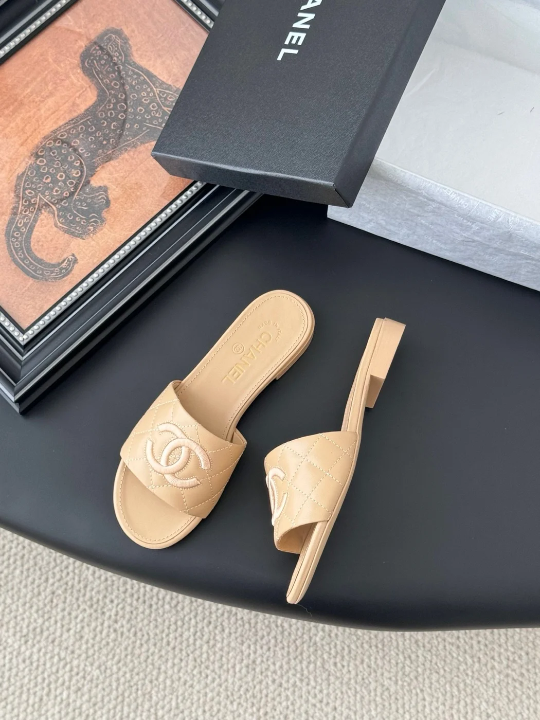 Chanel Women Beige Quilted Leather Slides — Tonal CC Detail product view 3