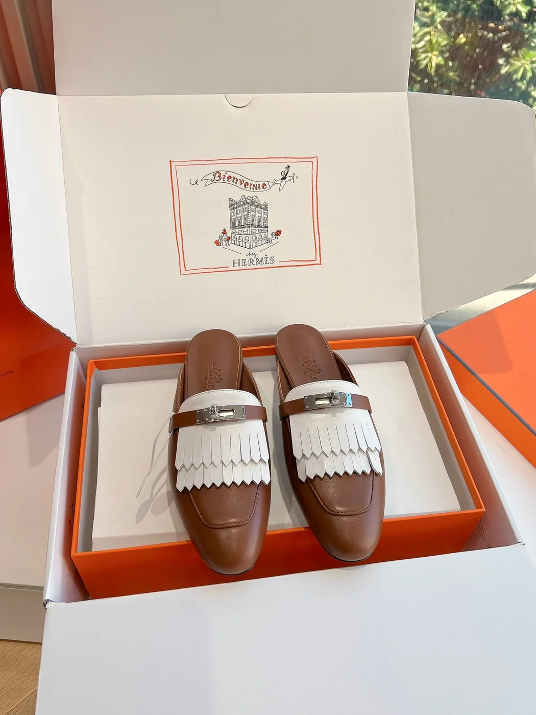 Hermès Women Brown White Leather Fringe Mules product view 3