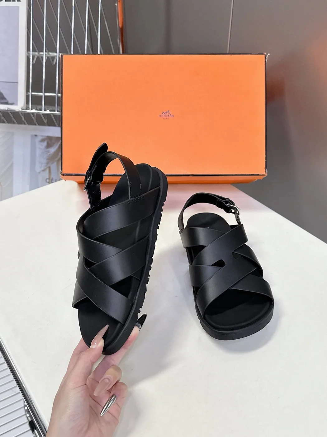 Hermès Women Black Leather Strappy Sandals — Wide Cross-Strap product view 5