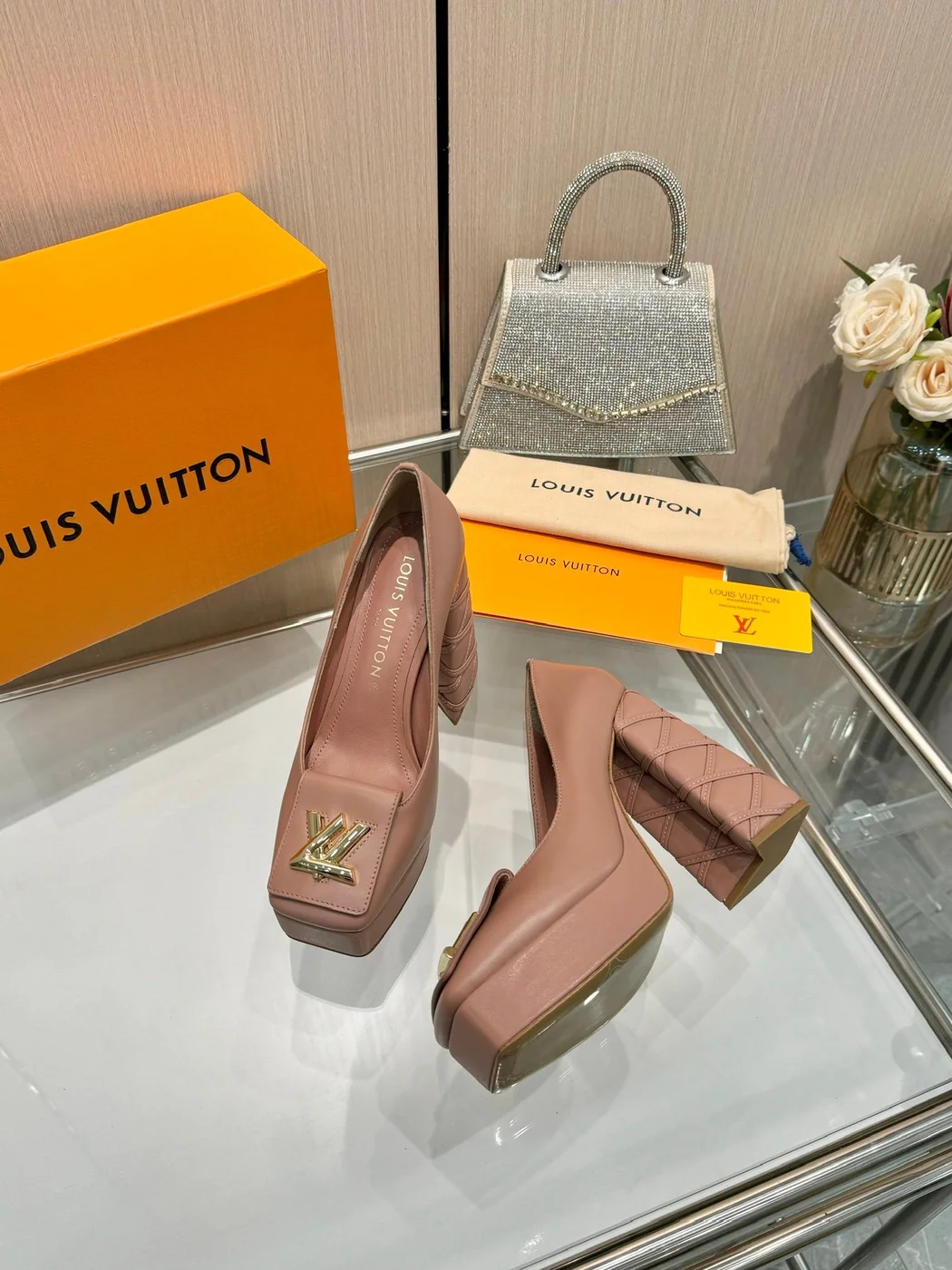 Louis Vuitton Women Pink Leather Quilted Block Heels product view 4