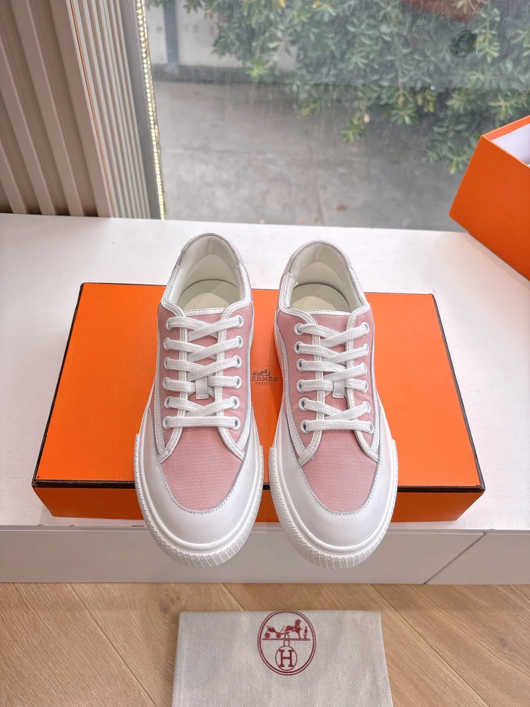 Hermès Women Pink Canvas And White Leather Sneakers product view 5