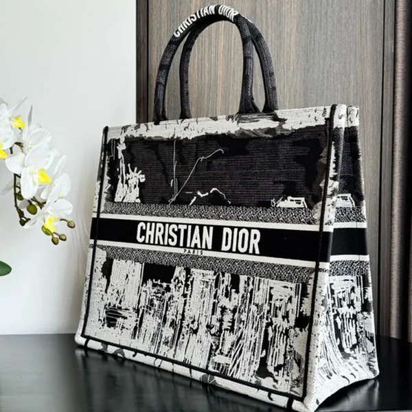 Dior Medium Book Tote — Black and White Landscape Pattern product view 3