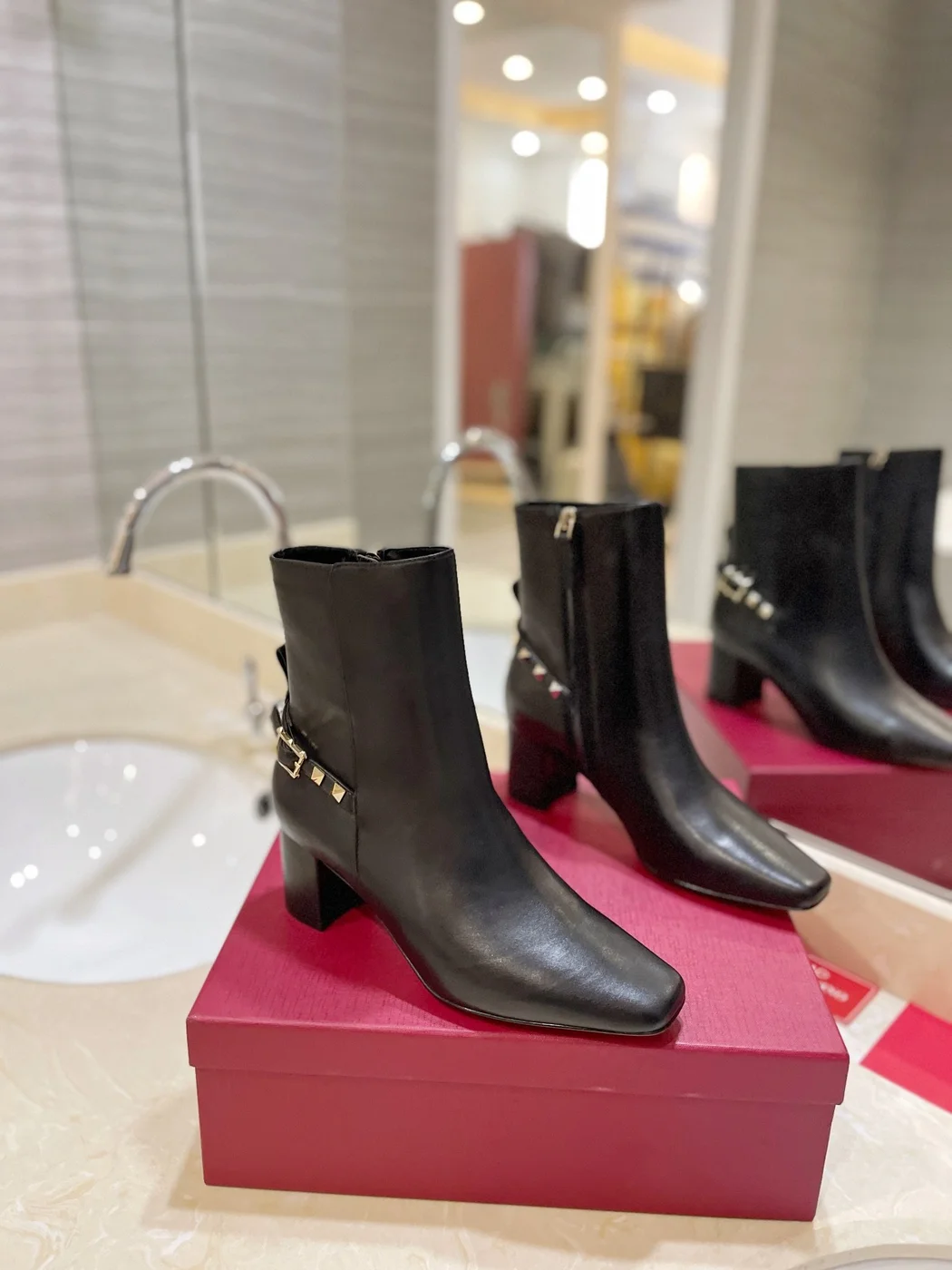 Valentino Women Black Leather Studded Ankle Boots — Studded Side Detail product view 1