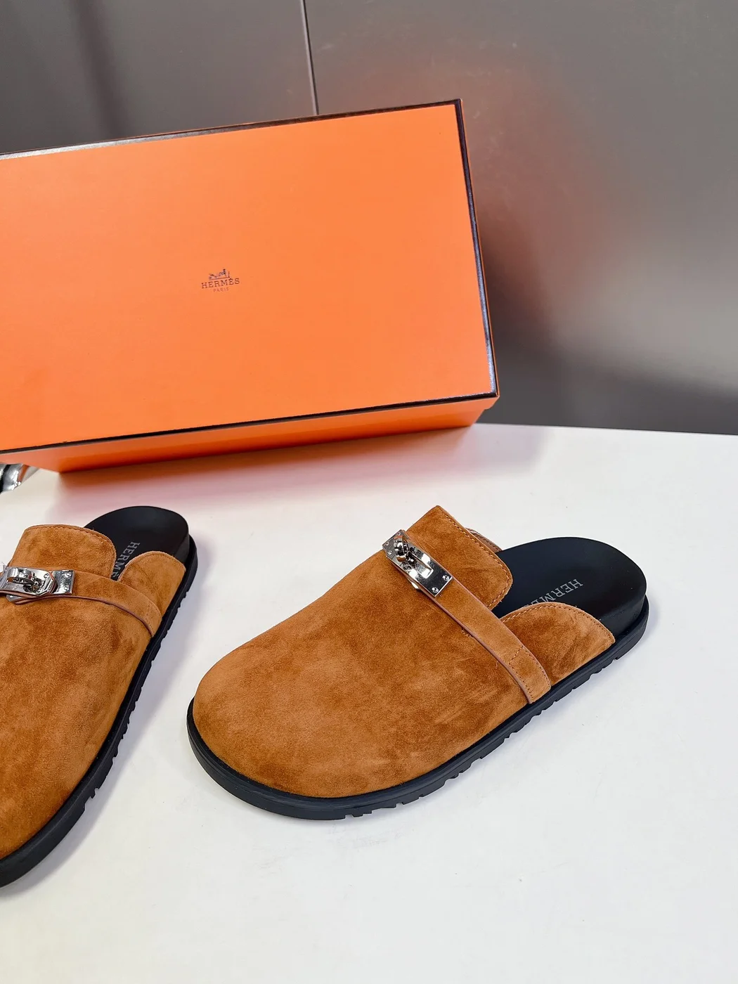 Hermès Women Tan Suede-Effect Closed-Toe Mules product view 4