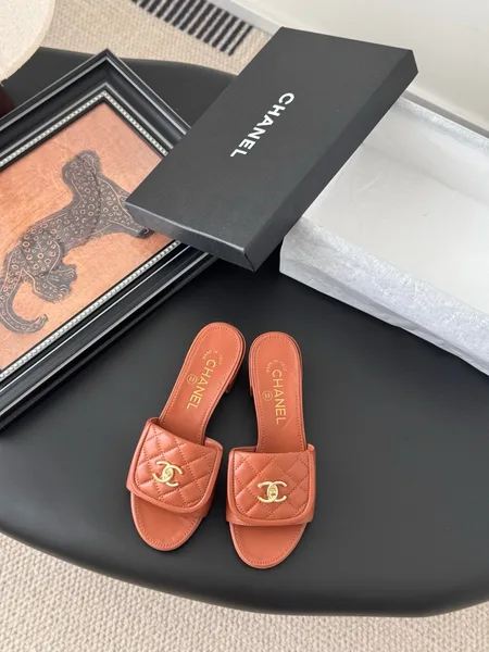 Chanel Women Brown Quilted Leather Slides product photo