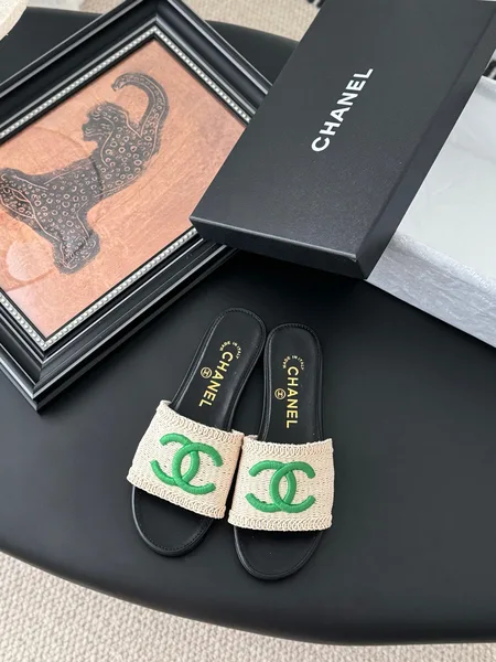 Chanel Women Beige Fabric Green Logo Slides product photo