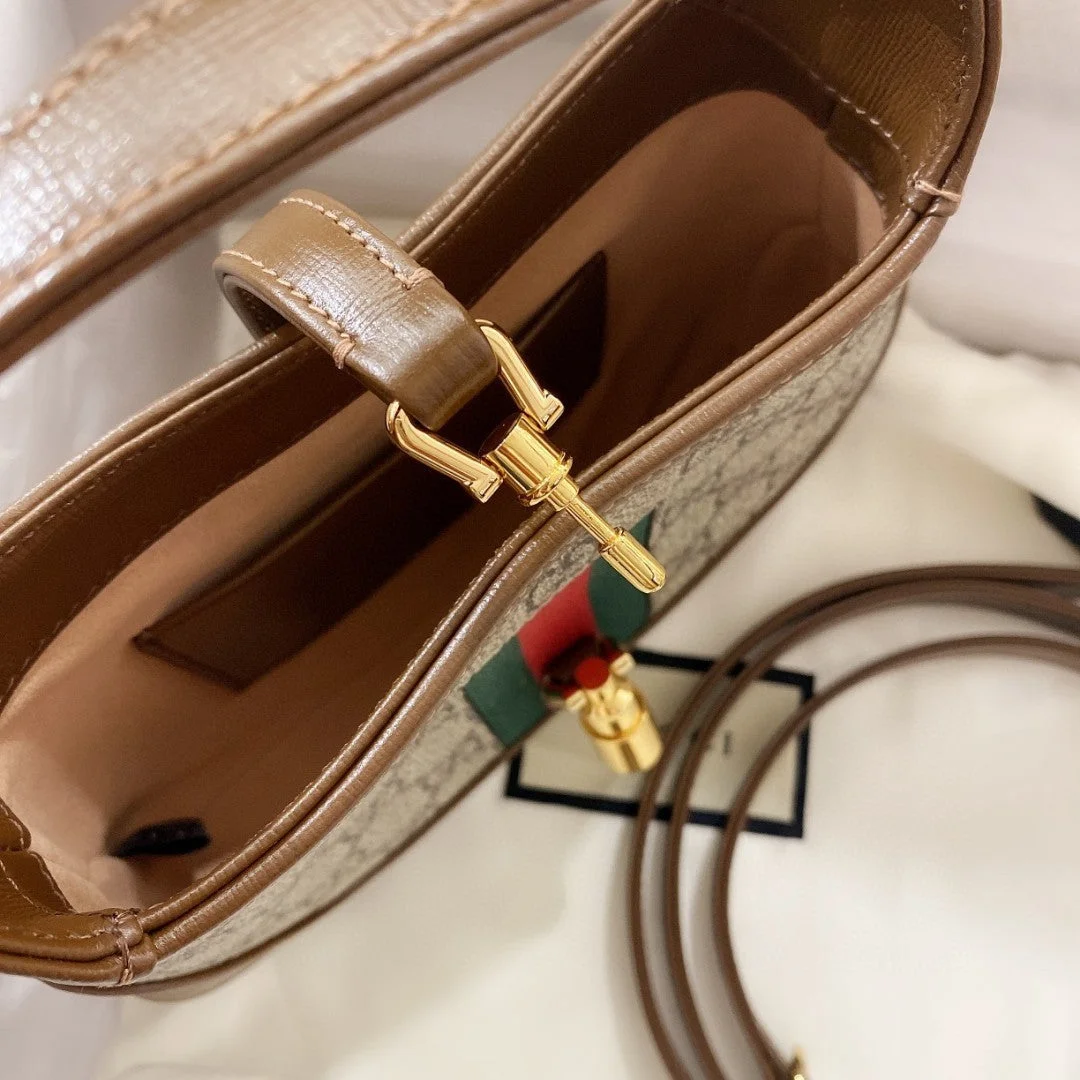 Gucci Jackie 1961 Small 28 Shoulder Bag In Beige Canvas And Brown Calfskin product view 5