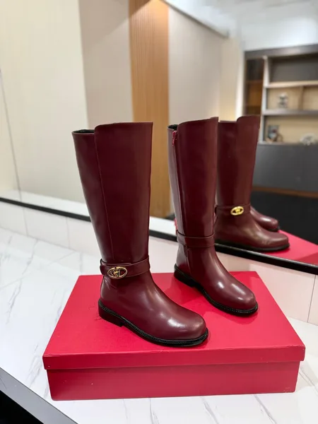 Valentino Women Burgundy Leather Knee High Boots product photo