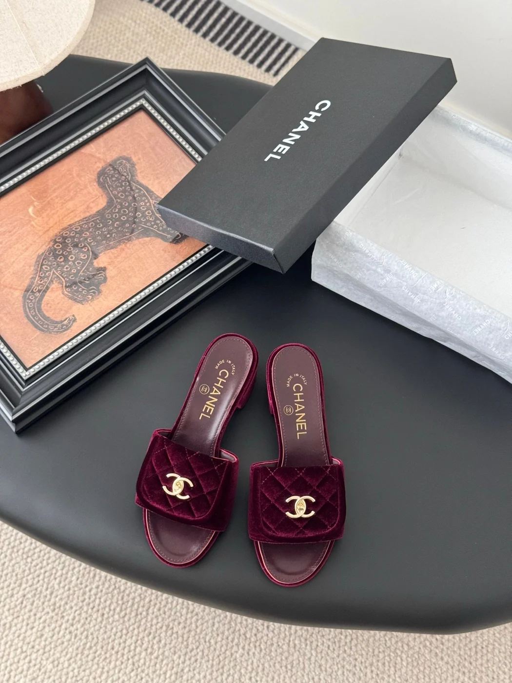 Chanel Women Burgundy Velvet Slides — Gold-Tone CC Detail product view 1