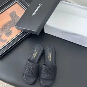 Chanel Women Black Fabric Slide Sandals product photo