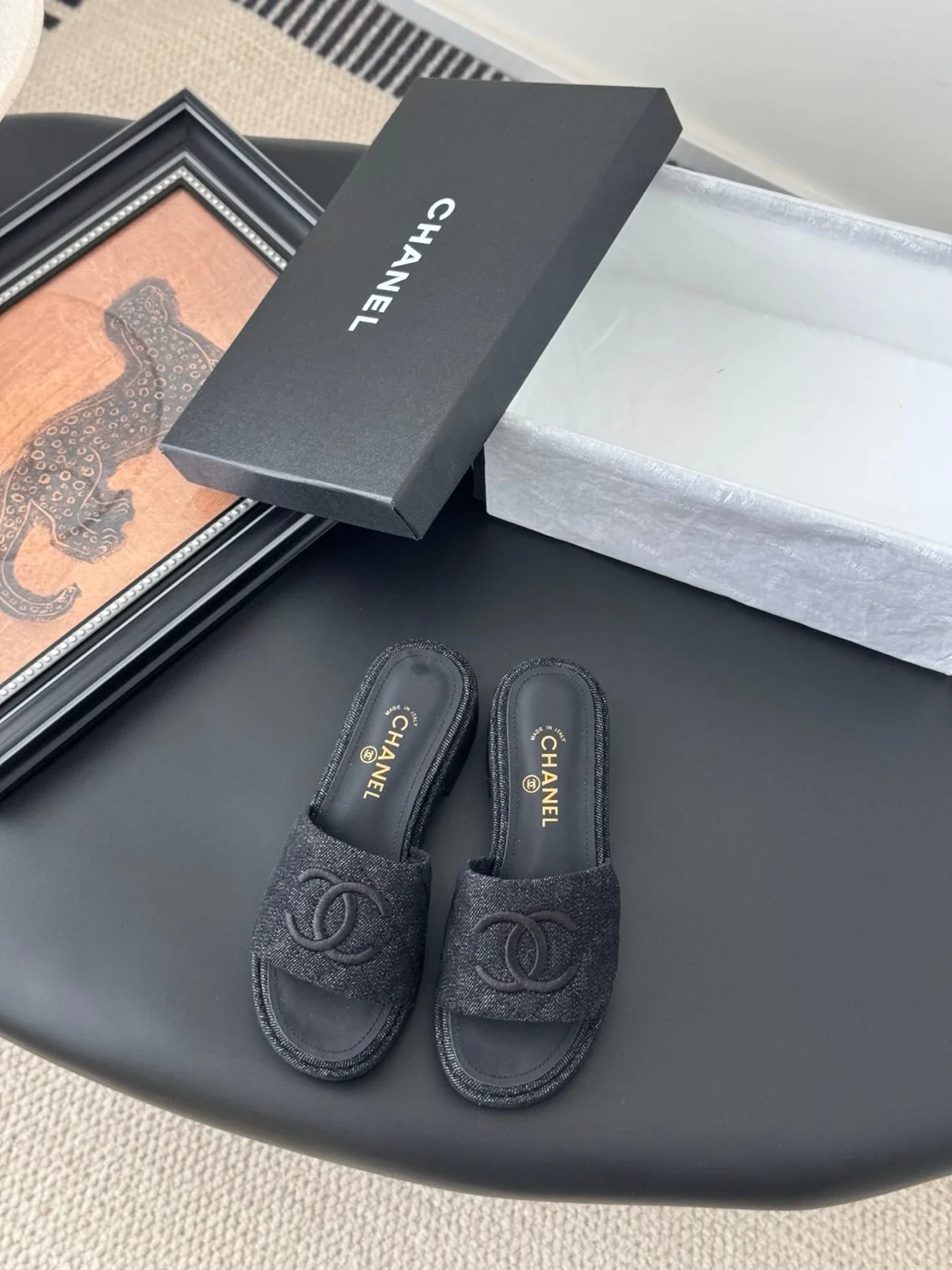 Chanel Women Black Fabric Slide Sandals product view 1