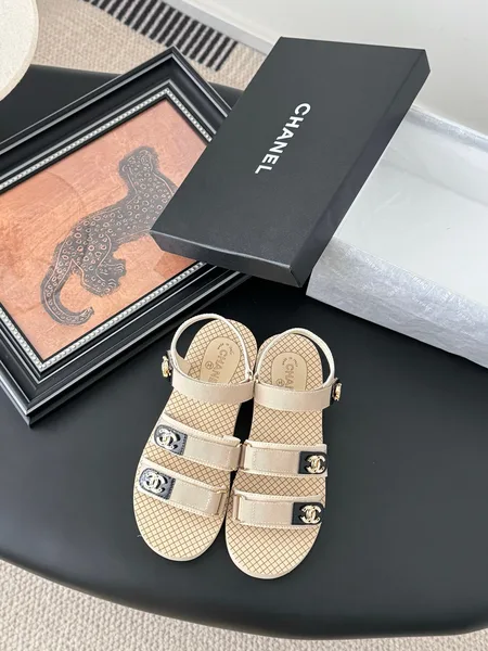 Chanel Women Beige Fabric Logo Strap Sandals product photo